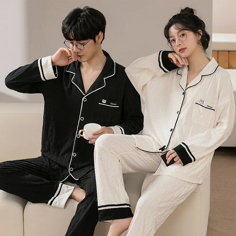 Korea Fashion Homewear pria piyama katun Set pakaian tidur wanita pakaian rumah pria tidur atasan celana piyama untuk pasangan