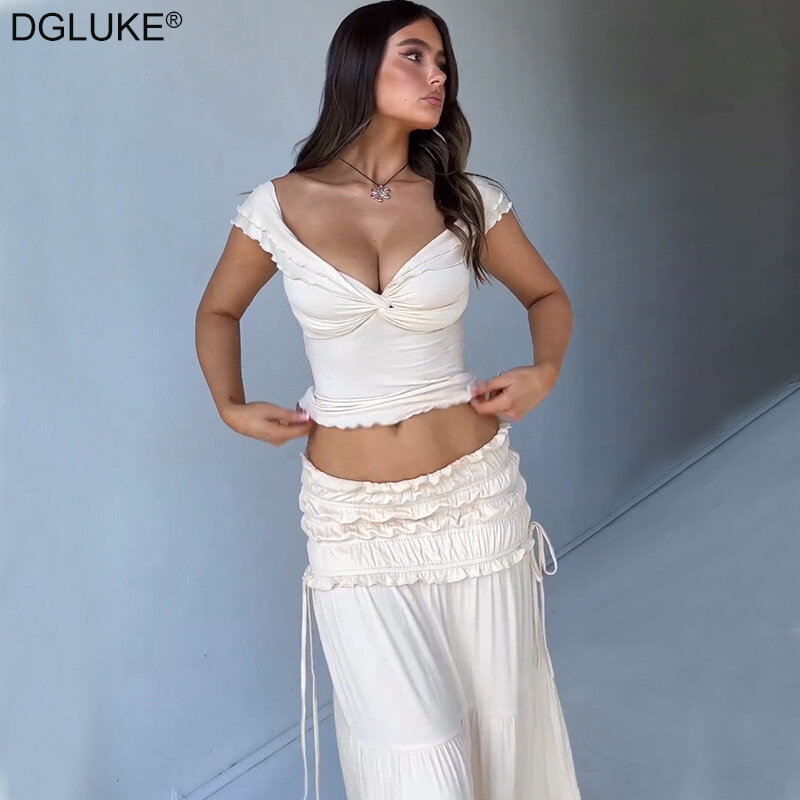 DGLUKE-2-Piece conjunto de roupa para mulheres, top e saia, moda verão, férias, praia, feriado, 2024
