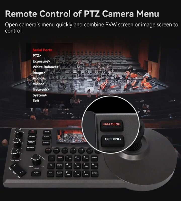 PTZ Controller PoE NDI Camera Controller IP PTZ Camera Controller Keyboard with 4D Joystick for Church Conference Live Streaming