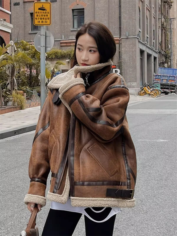 เสื้อโค้ทขนแกะแขนยาวสำหรับผู้หญิง, ใหม่เสื้อโค้ทผู้หญิง2023ฤดูหนาวสไตล์เกาหลีใหม่เสื้อผ้ามอเตอร์ไซค์แบบหนาอบอุ่น