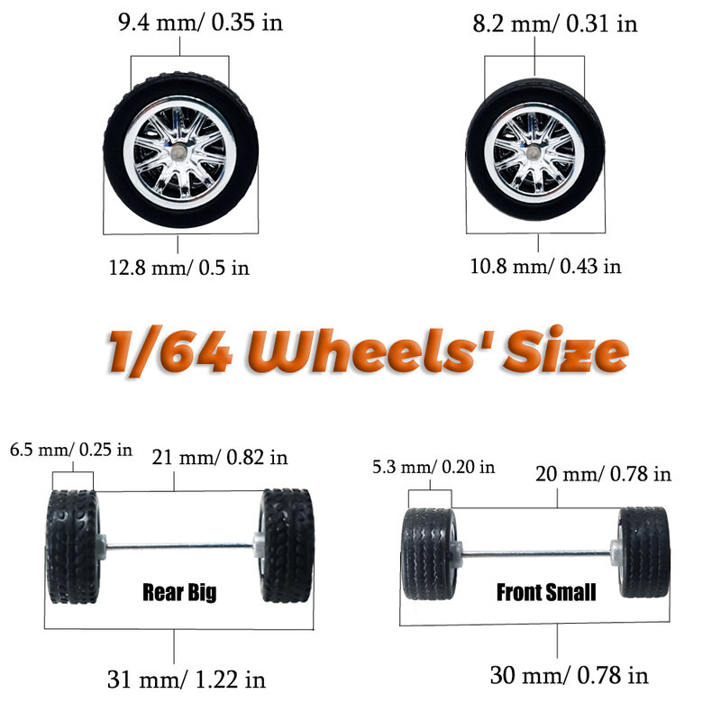 KICARMOD-Rodas dianteiras e traseiras grandes para o carro modelo, peças modificadas, brinquedo do veículo de corrida, Hotwheels, 1:64 LYC