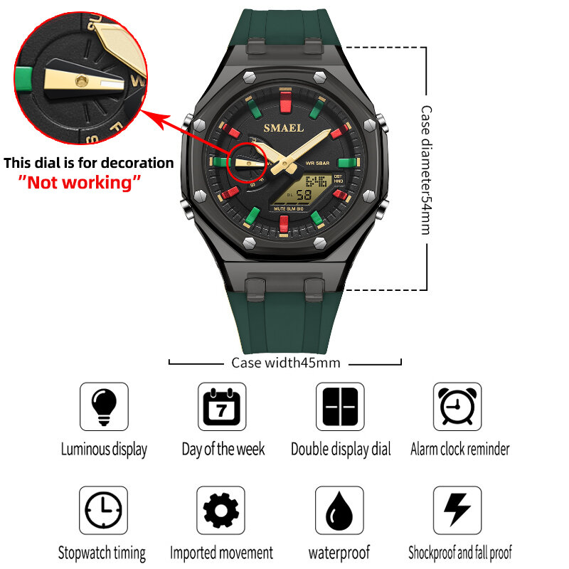SMAEL-Reloj de pulsera de cuarzo para hombre y mujer, cronógrafo Digital con pantalla LED, luz trasera colorida, alarma, fecha, semana, cuenta atrás