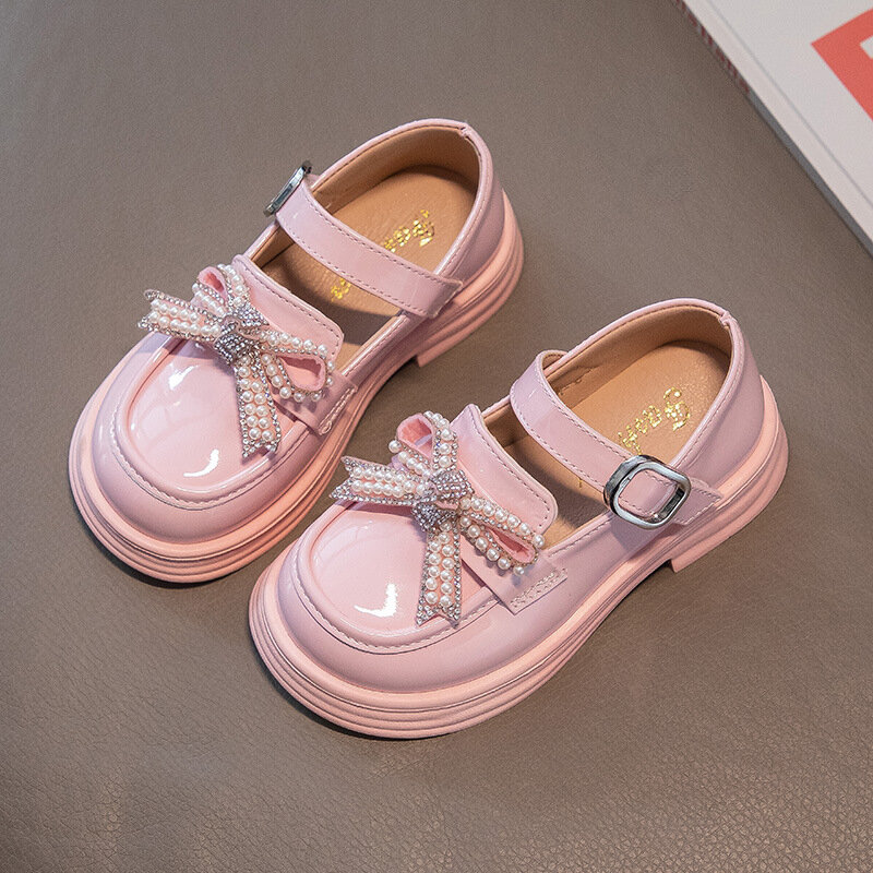 2024 Autumn New Girls Leather Shoes Fashion Pearl Bow Little Girl Shoes Children Flats Heels Kids Princess Shoes J16