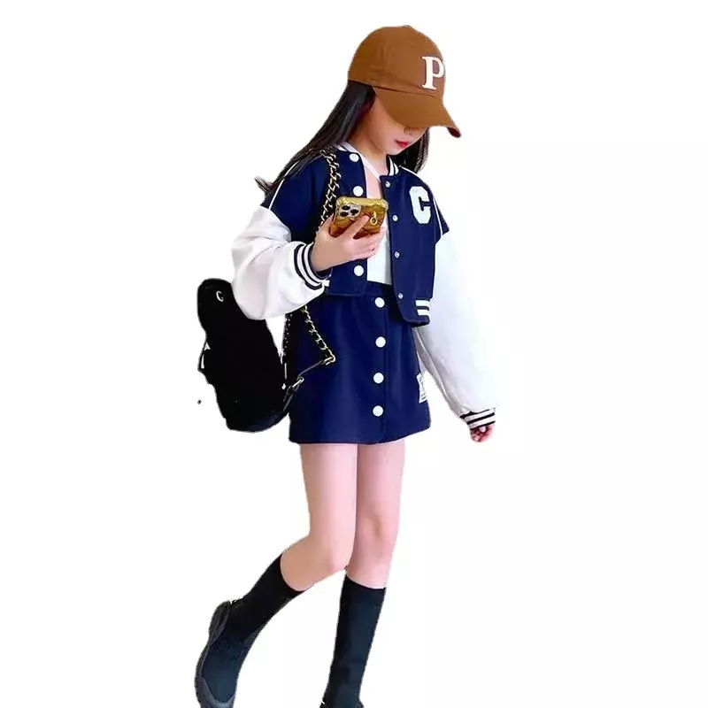 Демисезонный детский спортивный костюм, однобортная куртка с цветными блоками для девочек-подростков, универсальная прямая юбка для девочек-подростков