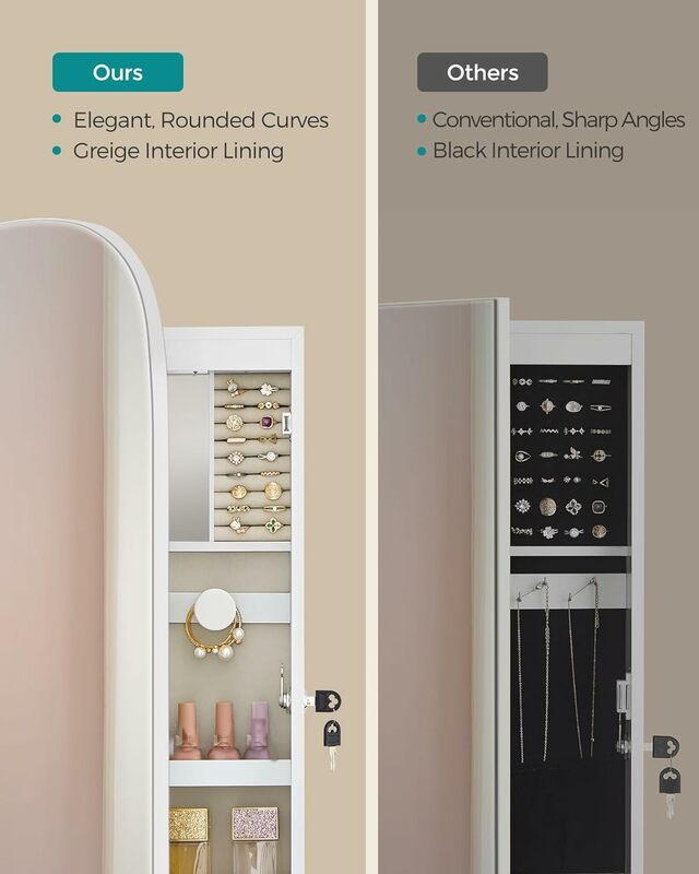 SONGMICS organizador de joyas, armario de joyería LED montado en la pared o en la puerta, espejo ancho redondeado bloqueable con almacenamiento, espejo Interior