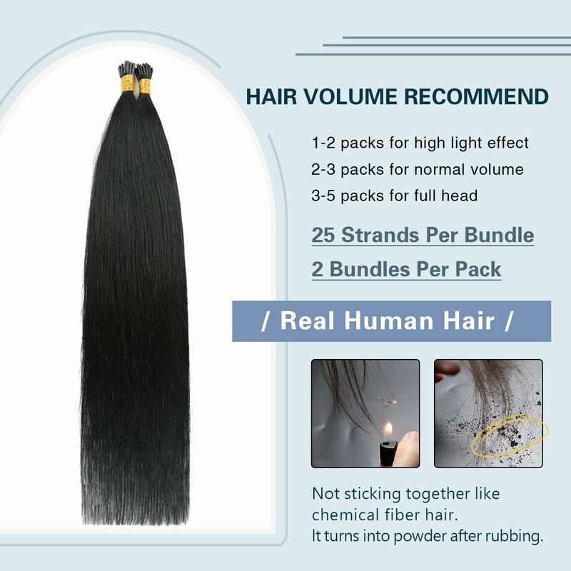 Straight I Tip Hair Extensions Human Hair #1B Natural Black Human Hair Remy Itip Human Hair Extensions 50g/Pack/50Strands