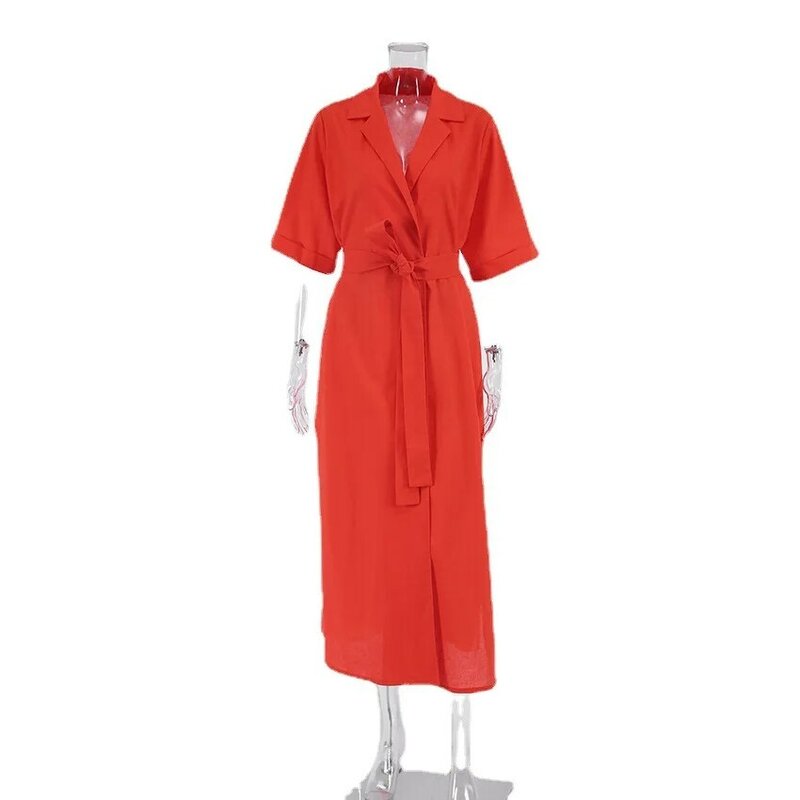 Falda larga de algodón y cáñamo para mujer, falda de línea a, vestido de cuello de traje, moda francesa, 2024