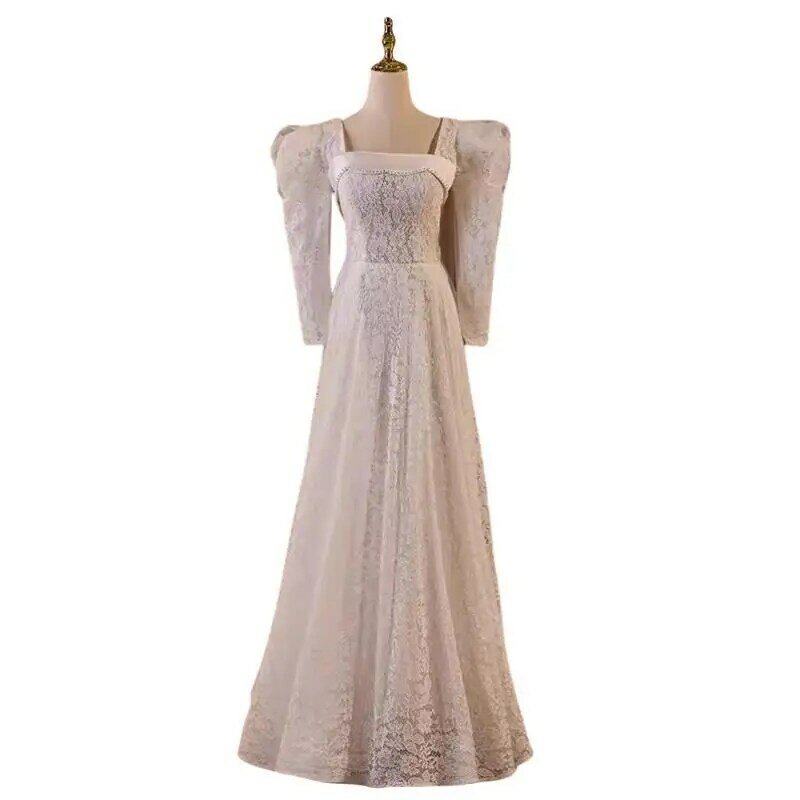 長袖のドレス,古着,正方形の襟,空中ブランコカット,結婚式のパーティー,実際の画像,2024