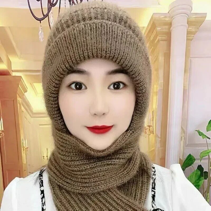 Women Knitted Integrated Cap Scarf Winter Warm Thickening Beanie Hat Scarf Casual Soft Neck Warmer Gifts for Girls