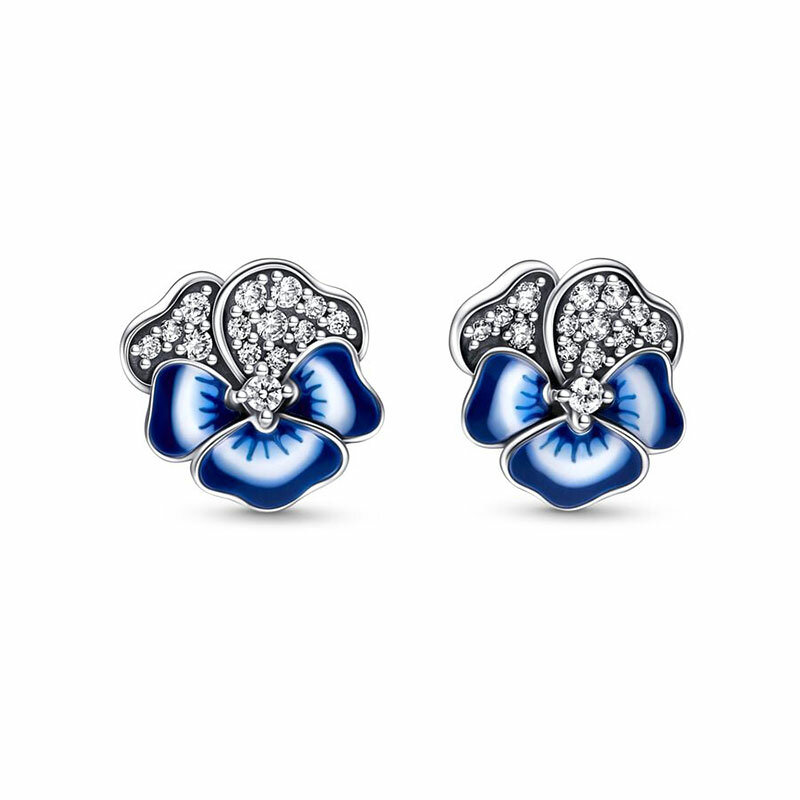 2024 Spring 925 Silver Earring Blue Pansy Flower Stud Earrings Blue Swallow Stud Earrings DIY Pandor Earring Women Fine Jewelry
