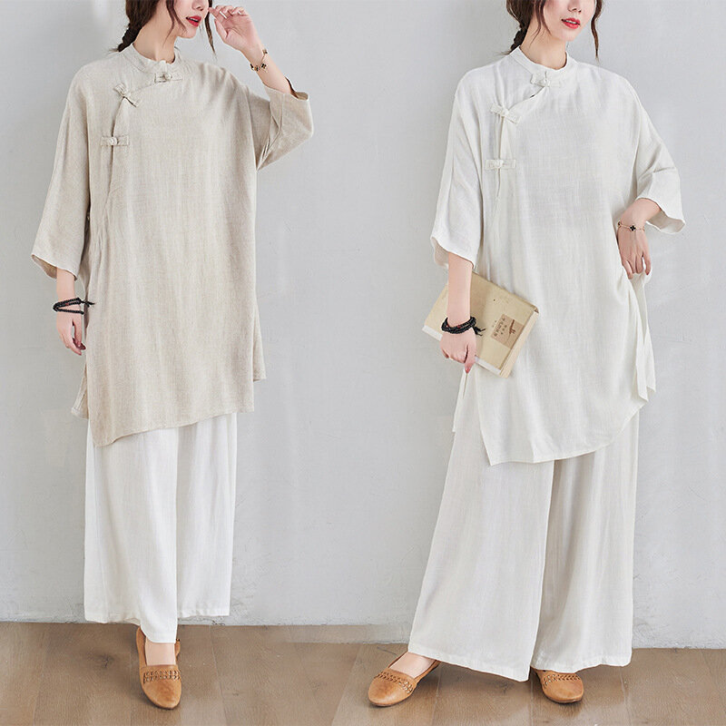 Chinese Style Suit Tea Artist Clothing Female Suit Cotton Linen Buddha Clothing Summer Traditional Chinese Clothing for Women