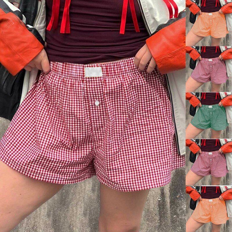 Celana pendek santai Y2K wanita, pakaian tidur Bawahan piyama depan kancing depan cetakan kotak-kotak pinggang rendah elastis lembut lucu