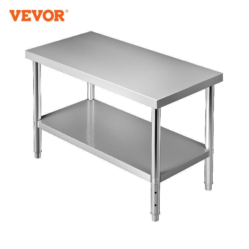 VEVOR طاولة إعداد للعمل من الفولاذ المقاوم للصدأ 48x18x3 4/60x24x3 4/72x30x34 بوصة 550lbs طاولة عمل معدنية مع رف سفلي قابل للتعديل