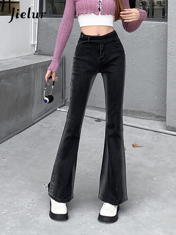 Jielur Gradient Black Jeans New Fashion Elastic Tight Fitting OL Flare Women Trousers High Waist Slim Denim Pants Female S-XL