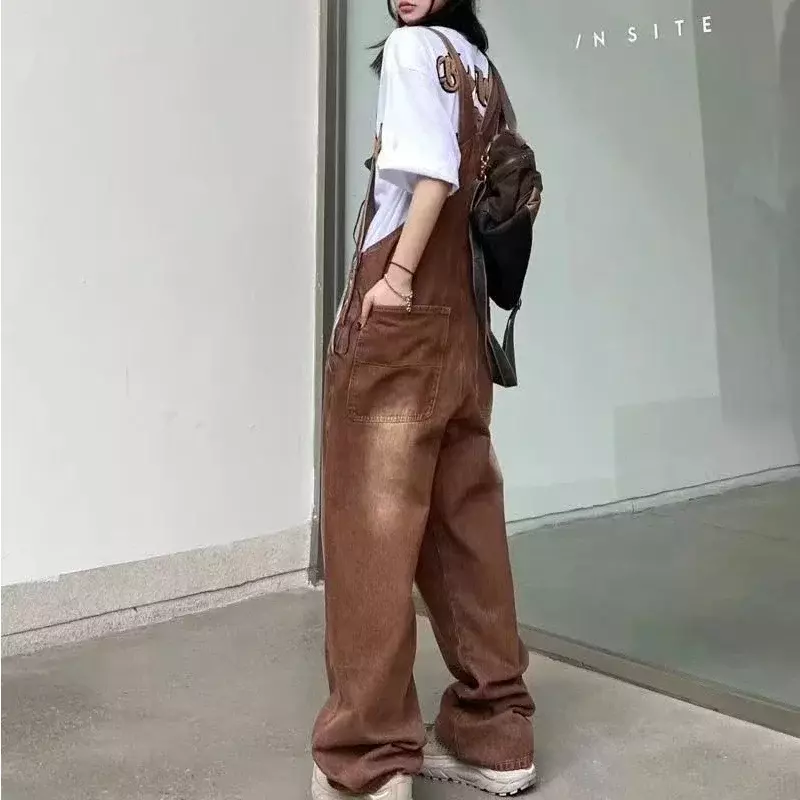 Brown embroidered suspenders female outdoor artist sketching cargo pants spring summer loose straight jeans one-piece trousers