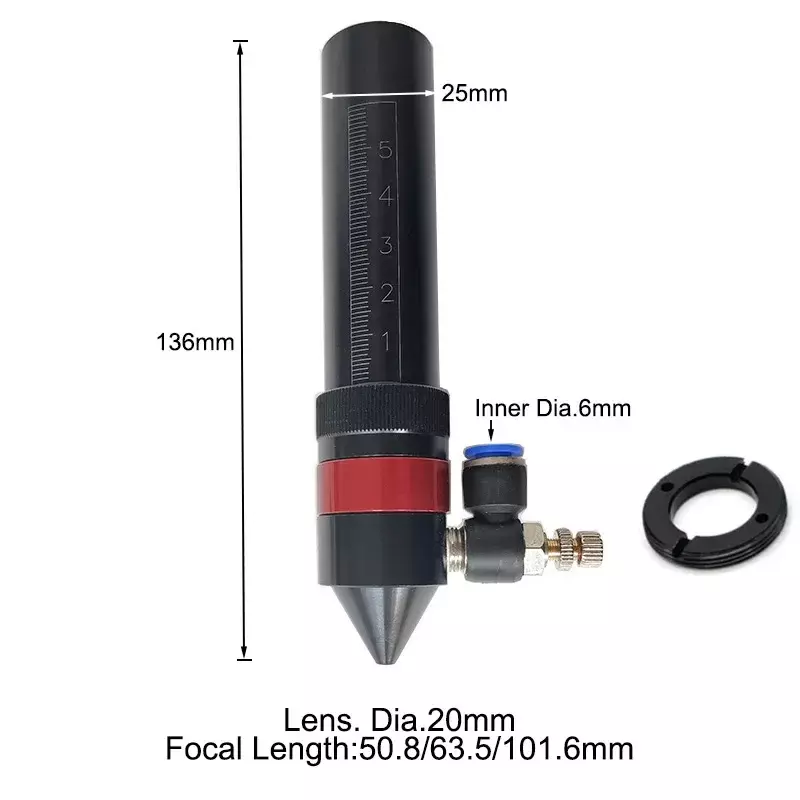 Diámetro exterior del tubo de lente CO2 Accesorios de cabezal láser para máquina de grabado y corte láser, lente CO2, D20 F50.8/63,5/101,6mm, 24mm, 25mm