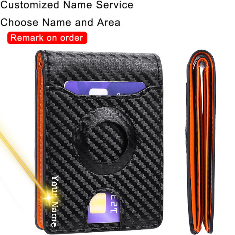 Customized Name Logo Card Holder Retro Carbon Fiber Leather Men Gift Wallet RFID Apple Airtags Card Case Purse Money Clip Wallet