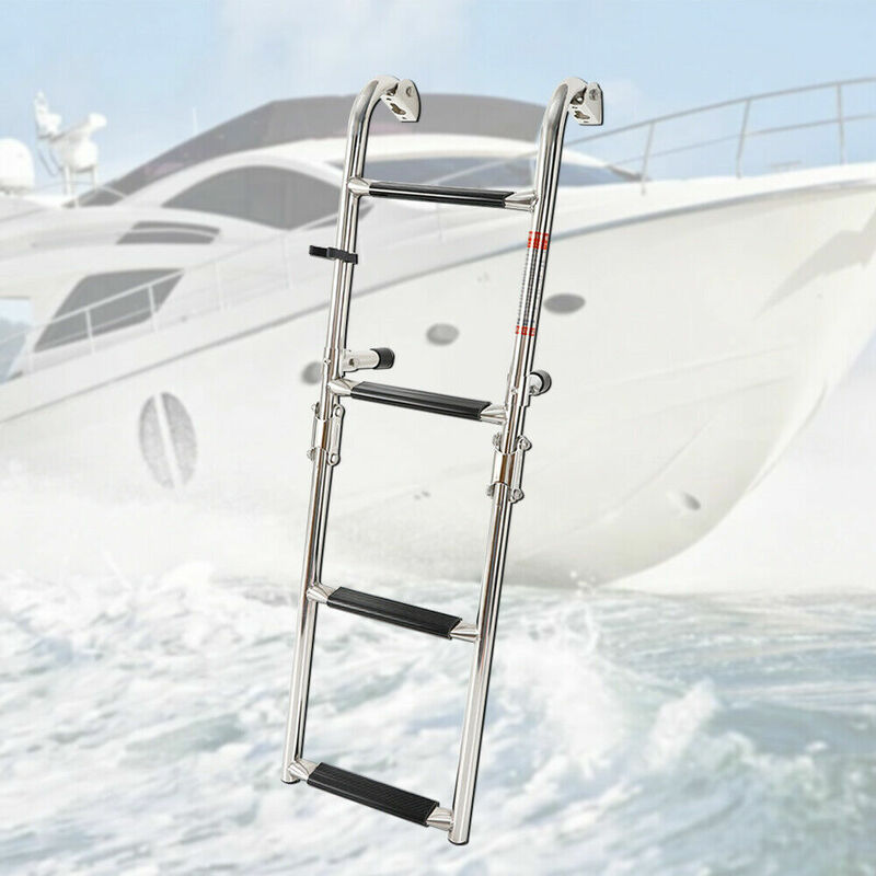 4 Steps Marine Deck Ladder, Stainless Steel Telescoping Two-Step Fold Down Ladder