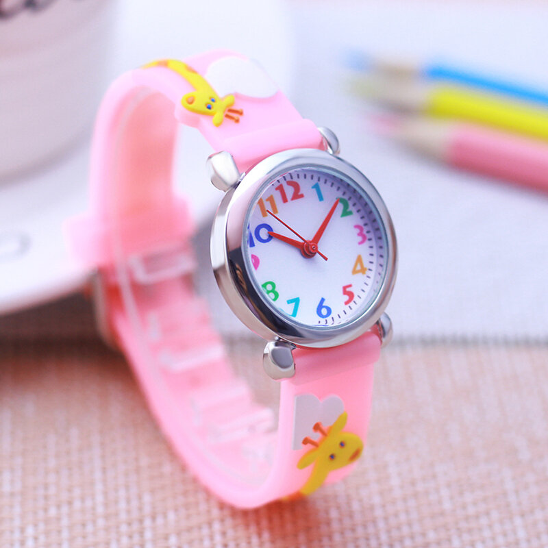 Jam tangan tali silikon jerapah anak laki-laki perempuan kecantikan lucu baru jam tangan hadiah tahan air tali lunak merah muda untuk anak kecil