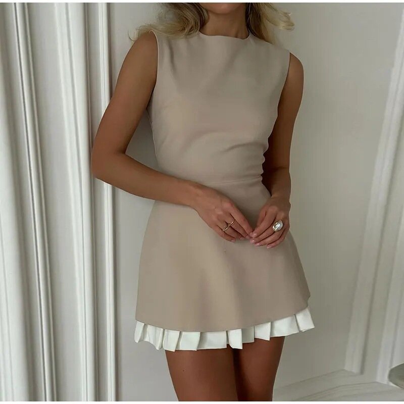 2024 Dame Büro pendeln High Street Mini kleid elegantes Patchwork Plissee kurzes Kleid für Frauen Mode schlanke ärmellose Vestido