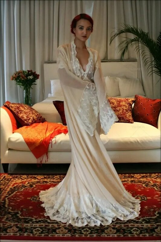 Lingerie pengantin renda sifon, piyama Kimono pesta Prom putih dua potong, pakaian tidur pengantin pernikahan Satin sutra leher V