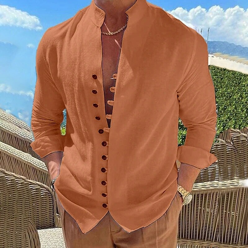 Camisa retrô de linho algodão manga comprida masculina, versão solta, top casual, tendência da moda, primavera e outono, nova, 2024