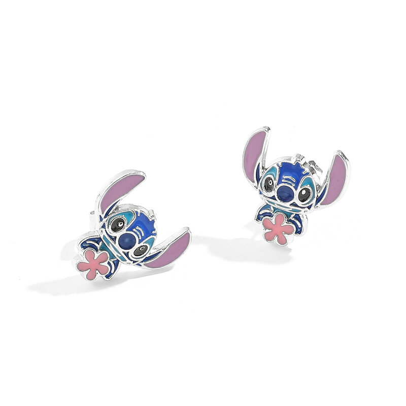 Disney lucu kartun Stitch dengan bunga kancing anting untuk wanita remaja perempuan indah telinga aksesoris hadiah perhiasan untuk penggemar