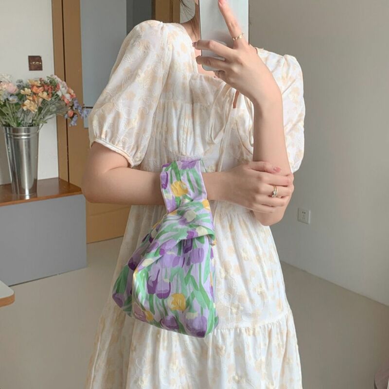 เสื้อกั๊กกระเป๋าคล้องแขนโบว์ดอกไม้ขนาดเล็กความจุมากกระเป๋าใส่ของกระเป๋าโท้ททิวลิป Sablon Bunga สไตล์เกาหลี