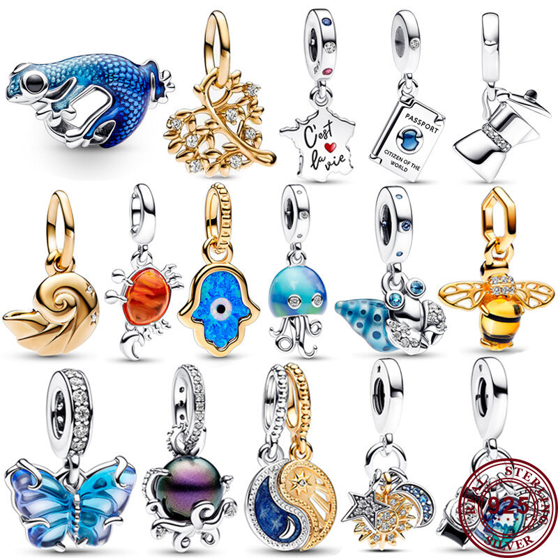 Liontin Logo wanita 925 perak biru Enamel kupu-kupu ubur-ubur untuk gelang asli DIY perhiasan jimat mode