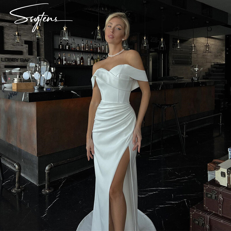 Vestido De novia largo De satén con hombros descubiertos para mujer, traje bohemio De sirena con abertura hasta el suelo, 2024