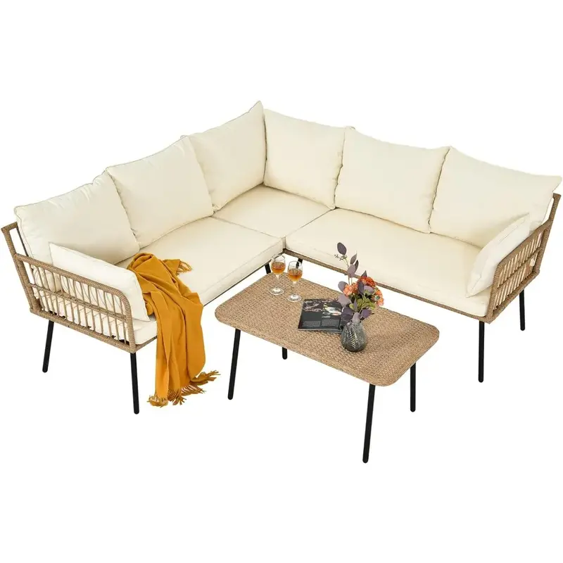 Outdoor Rattan Sofa Set, 4 Pieces Patio Furniture Set, Detachable Lounger with Cushions and Side Table, Outdoor L-Shaped Sofa