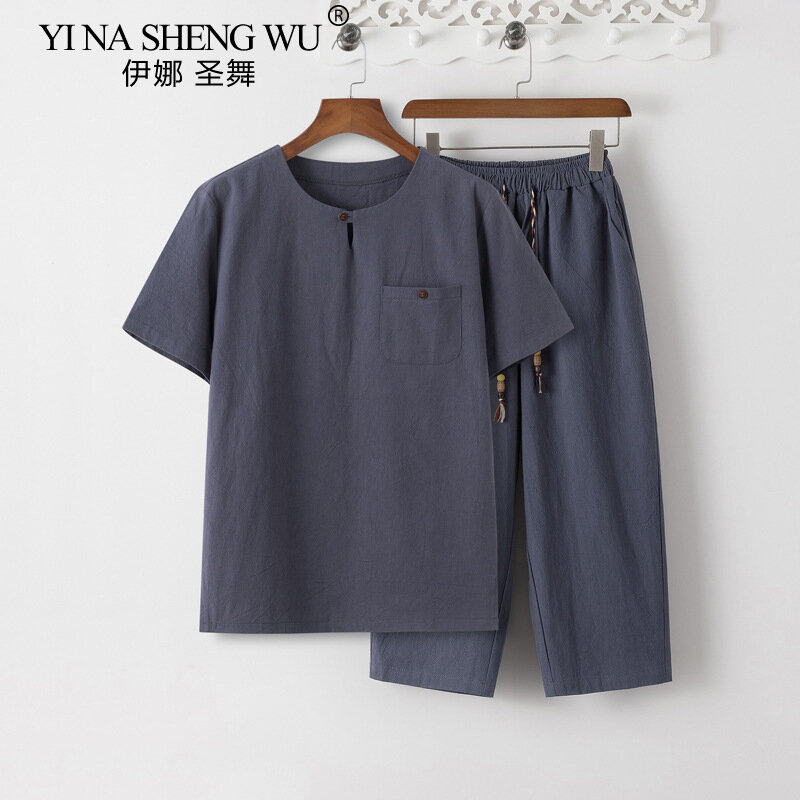 Setelan baju Hanfu untuk pria, pakaian Retro gaya Tiongkok, setelan katun Linen tambal sulam, ukuran Plus, pakaian pria warna Solid 5XL