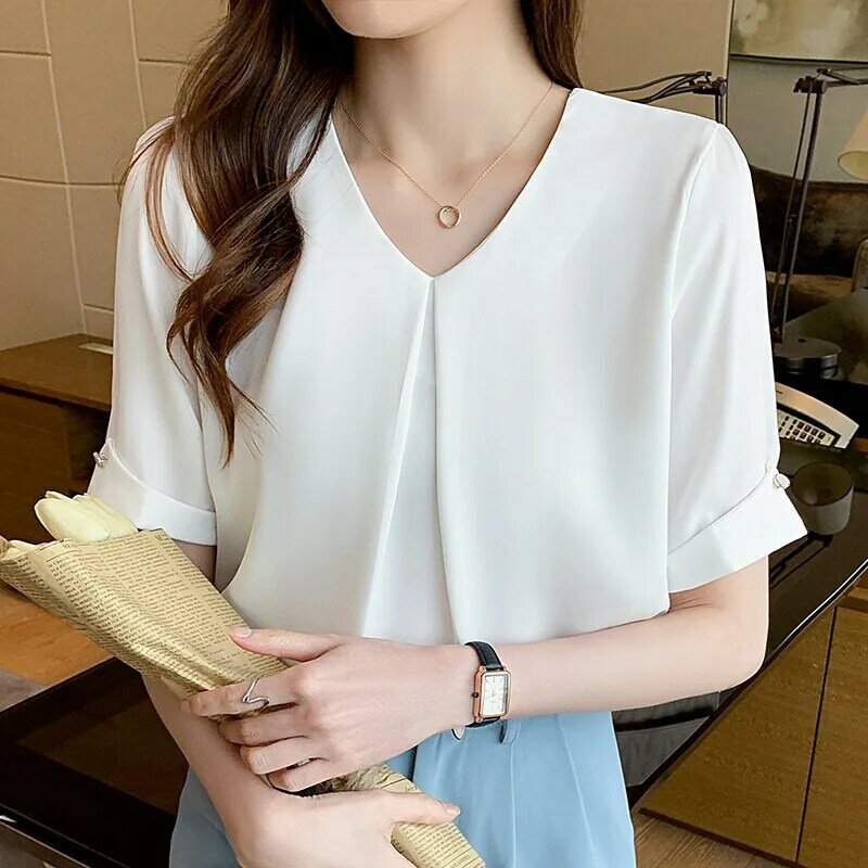 New Retro Pullover White Long Sleeve Solid Color Shirt Women's Simple Blue Tops and Blouses Chiffon Elegant Fashion Spliced Tops