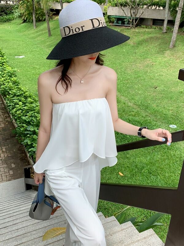 Summer Female Elegant White Bohemian Rompers Jumpsuit Simple Fairy Strapless Wide Leg Jumpsuits for Women Beach Holiday