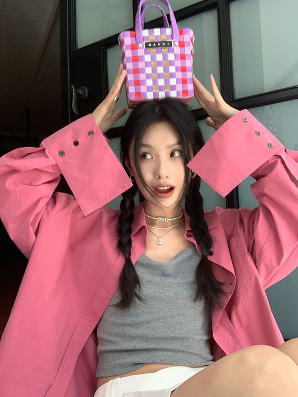 Deeptown Y2K Harajuku różowa bluzka damska koreańska moda Oversized zapinana koszule biurowa damska luźna codzienna eleganckie koszule Streetwear