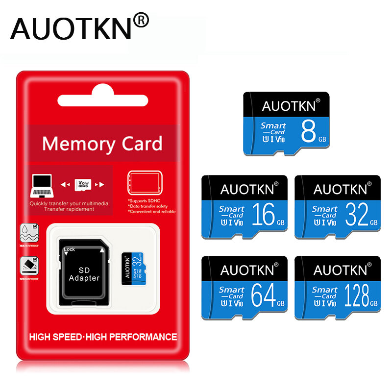 AuoTKN-Cartão de Memória Flash para Telefone e Tablet, Micro TF, Cartão SD, Classe 10, 8GB, 16GB, 32GB, 64GB, 128GB, 256GB