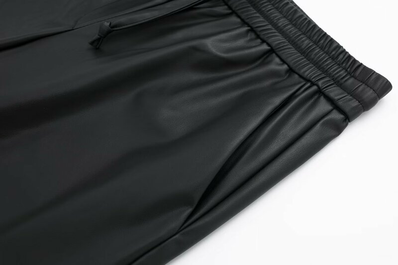 سراويل نسائية سوداء من الجلد الصناعي ، جيوب جانبية ، فضفاضة ، خصر مرن ، رباط ، عتيق ، سراويل نسائية ، موضة جديدة