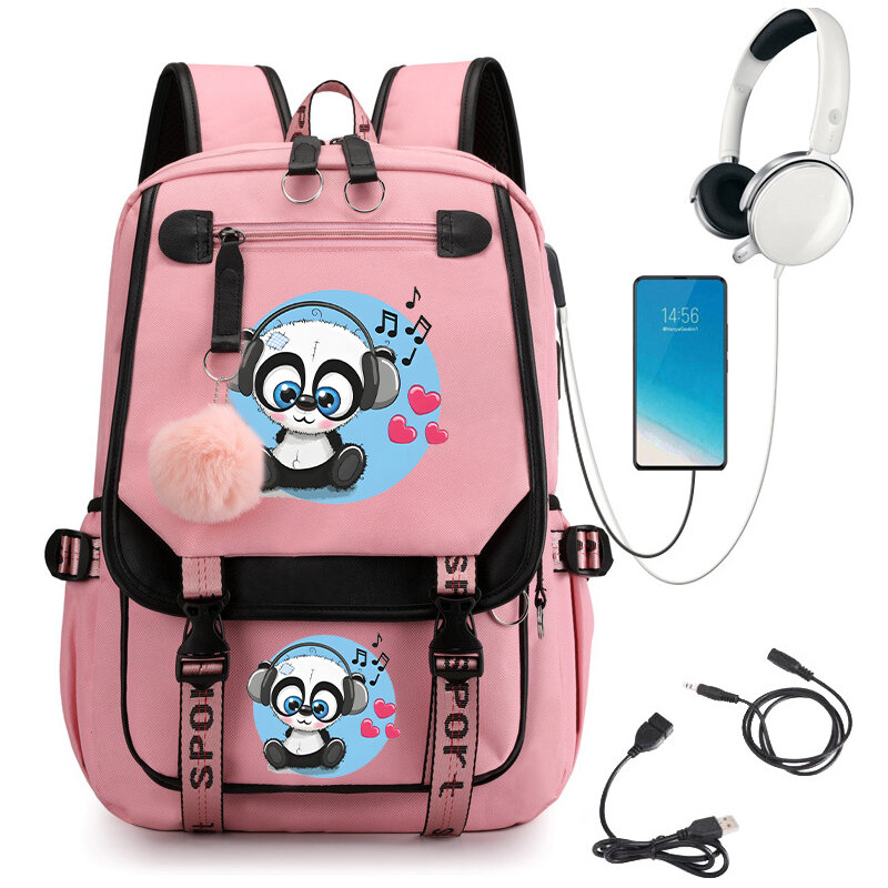 Anime Panda Schoolbag para meninas, Bagpack bonito para criança, Bookbag para adolescentes, Bagpack de viagem USB para adolescentes, Bagpack de escola primária para crianças