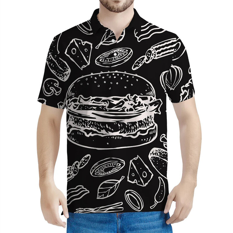 남녀공용 귀여운 햄버거 그래픽 폴로 셔츠, 3D 프린트 만화 음식 티, 캐주얼 스트리트웨어 티셔츠, 라펠 반팔
