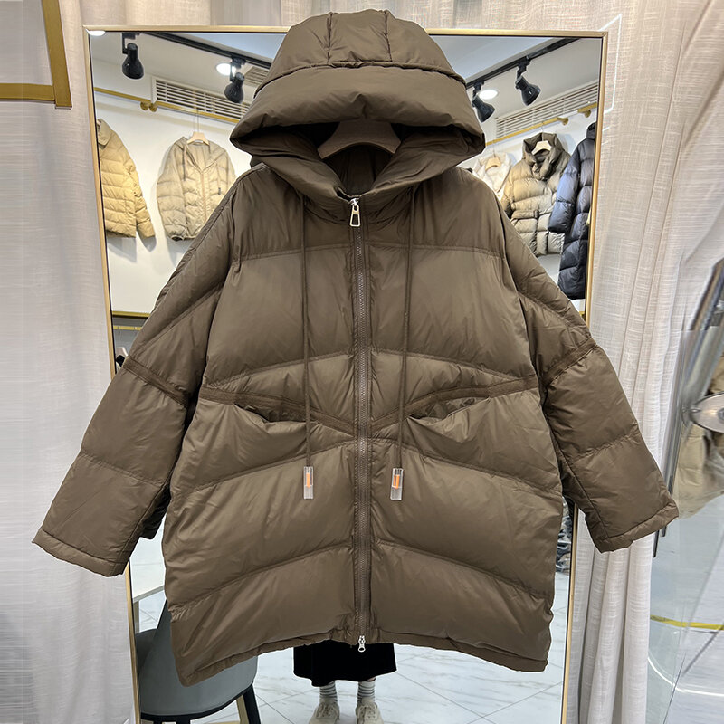 Женская длинная куртка-пуховик с капюшоном, свободная теплая парка на белом утином пуху, новинка зимы 2023