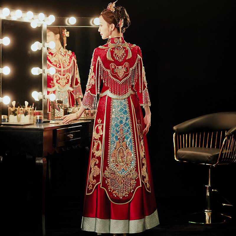 Retro Chinese Style Satin Sequins Beading Wedding Dress Traditional Cheongsam Bride Vintage Formal Qipao костюм для восточных