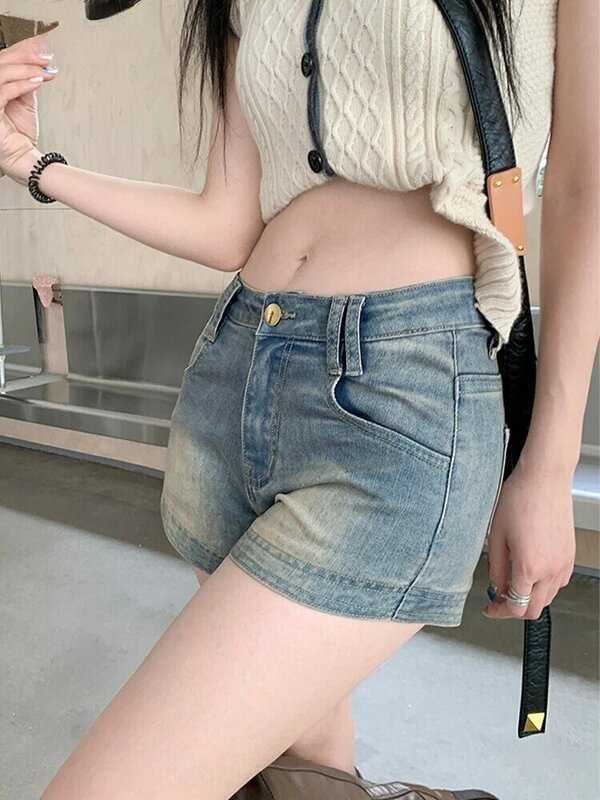 HOUZHOU Vintage Mini pantaloncini di Jeans Y2k donna vita alta Jeans corti coreano Streetwear femminile Gyaru moda Skinny estate retrò