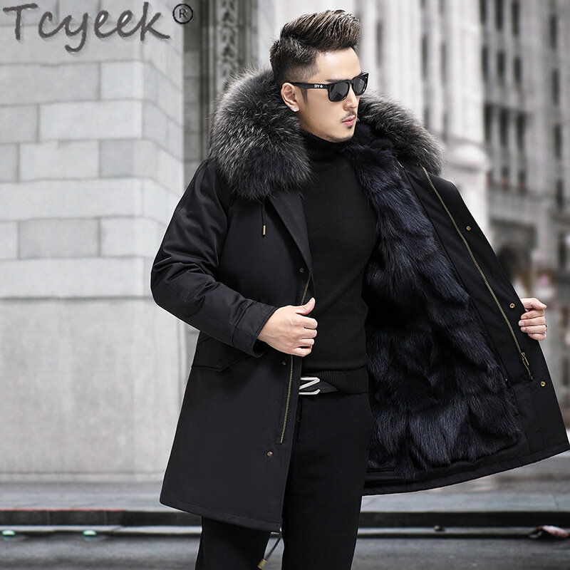 Tcyeek-انفصال الثعلب الفراء بطانة سترة للرجال ، سترة الشتاء الدافئة ، ملابس عصرية ، الراكون الفراء طوق ، منتصف طويلة معطف ، 2023