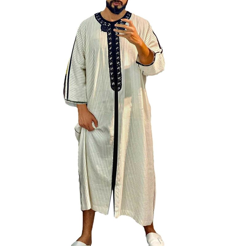 Tradition Islamic Clothing Men Robe Kaftan Muslim Man Moroccan Casual Long Robe Arabic Striped Robe Middle East National Costume