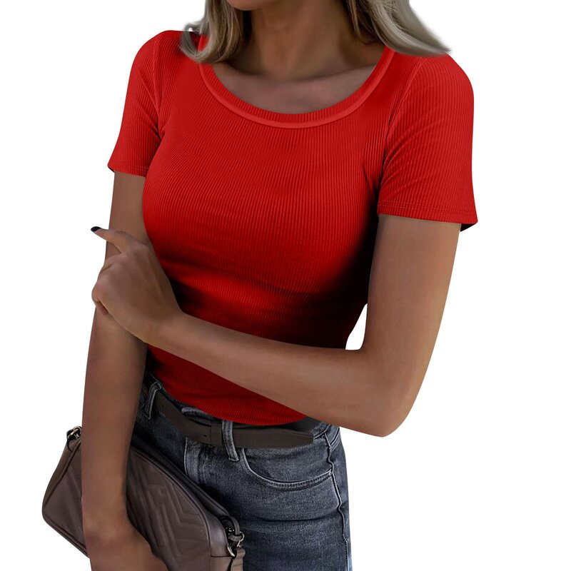 Ladies Summer Fashion Casual Solid Color Round Neck Short Sleeve Slim Ribbed Top plus size oberteile tops de talla grande 티셔츠
