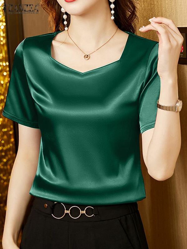 ZANZEA Elegant Satin Blouses Women 2024 Summer Short Sleeve Peach Heart Collar Solid Color Blusas Casual Office Wear Tops Tunic