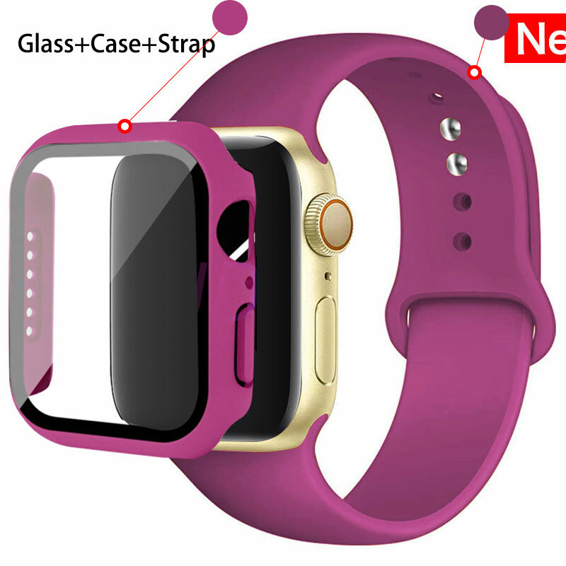 Kaca + casing + tali untuk Apple Watch, gelang jam tangan silikon 44mm 40mm 45mm 41mm 38mm 42mm seri iWatch 8 9 7 6 5 4 3 SE