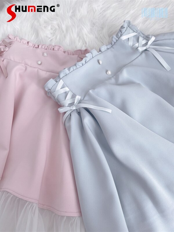 Lolita Double Drawstring Ruffled Short Skirt for Women 2024 Summer New Sweet Water Color Bandage High Waisted Mini Skirts Ladies
