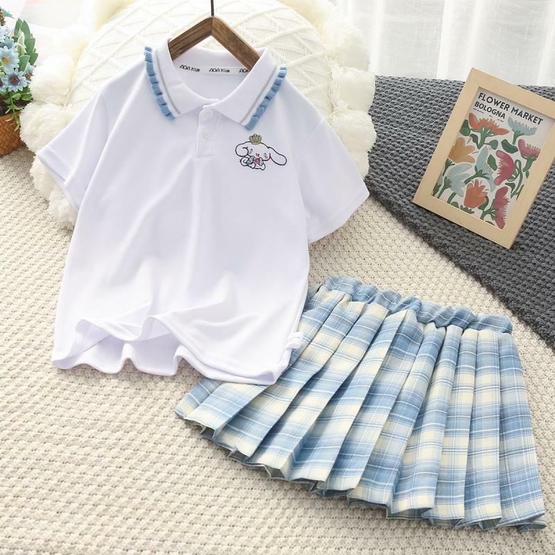 Sanrios-Falda plisada de manga corta para niños, Camiseta de algodón de moda, My Melody Cinnamoroll Kuromi Jk, estilo Preppy, 2 piezas