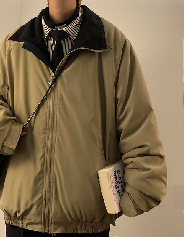 Japońska bawełna płaszcz męski Harajuku jednolity kolor stójka Parka Street Winter luźna bawełniana kurtka Casual dla mężczyzn L15
